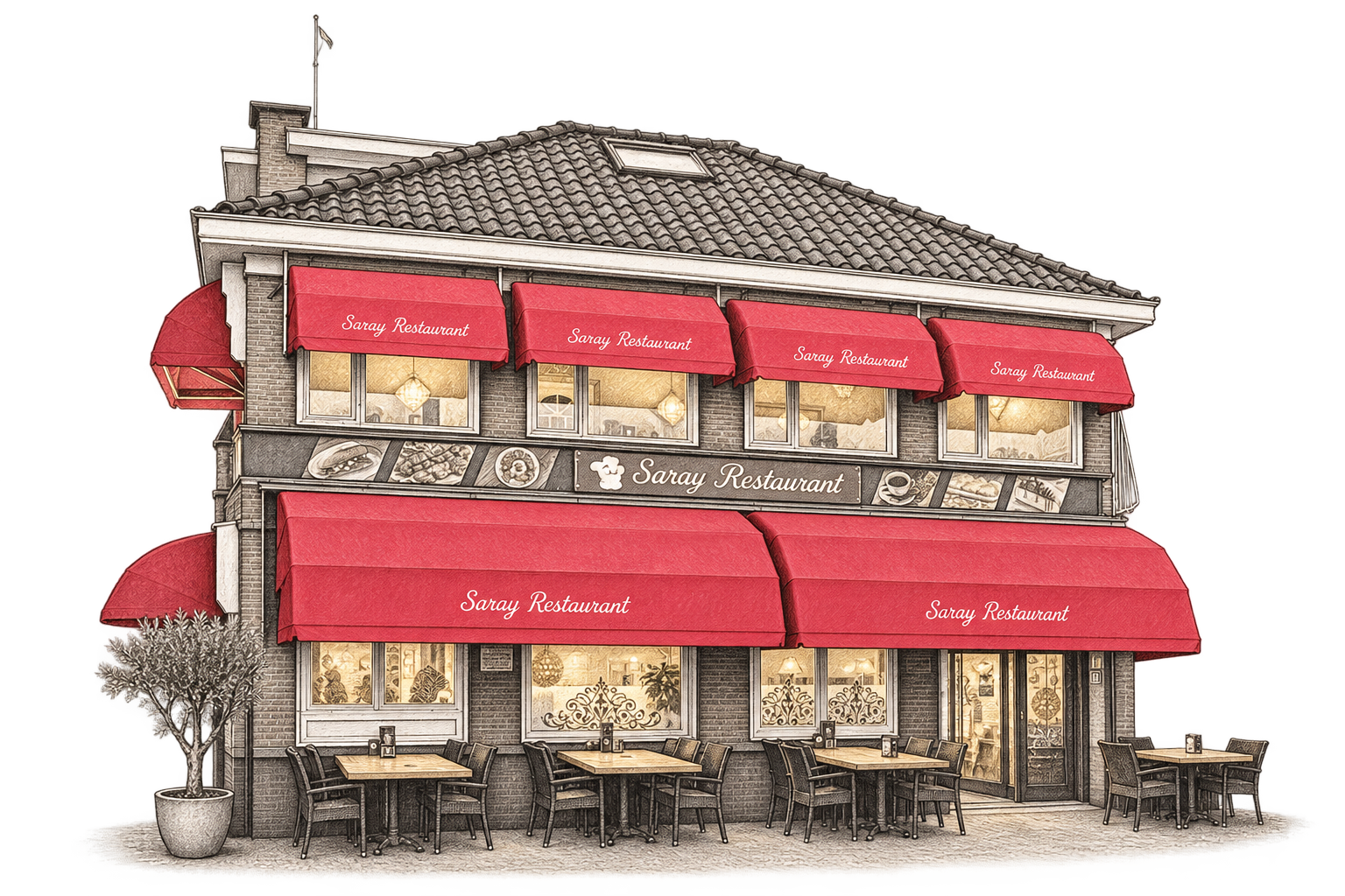 Illustratie van Saray Restaurant aan het Hobbemaplein in Den Haag